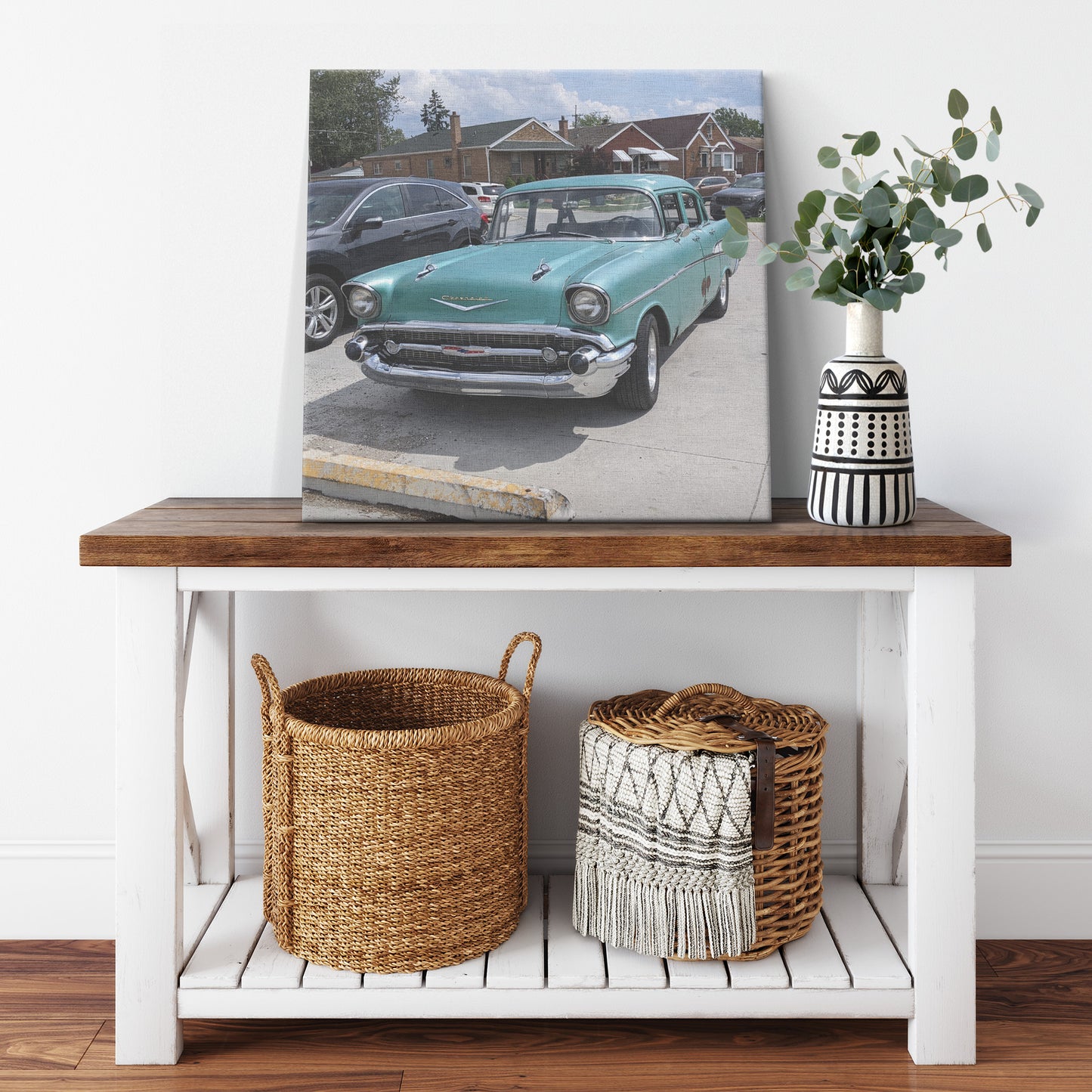 Square canvas print of a 1957 Chevrolet Bel Air, great for home or office décor in a Classic car themed room. Mock-up image shows scale of larger print size.